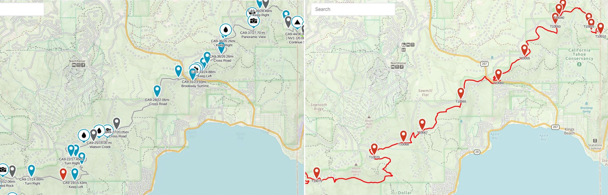 Comparison between The ADT Guide and American Discovery Trail Society waypoints for the same section of trail just north of Lake Tahoe.