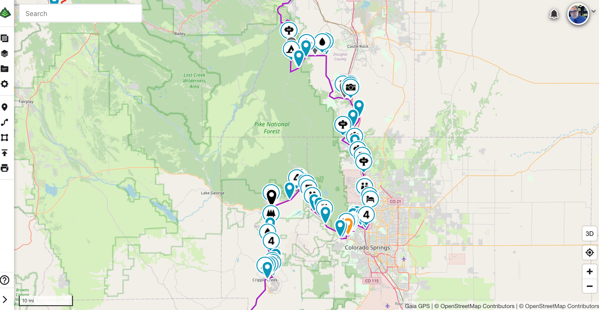 Gaia GPS waypoints for directions and services on the American Discovery Trail