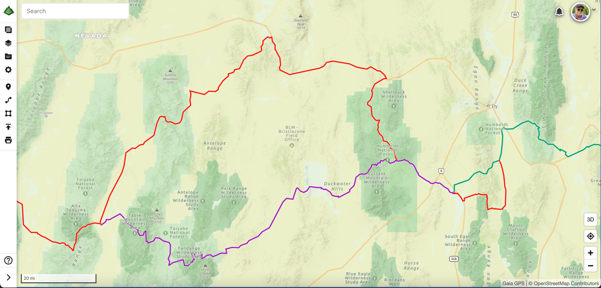 Map showing the change in routing of the American Discovery Trail