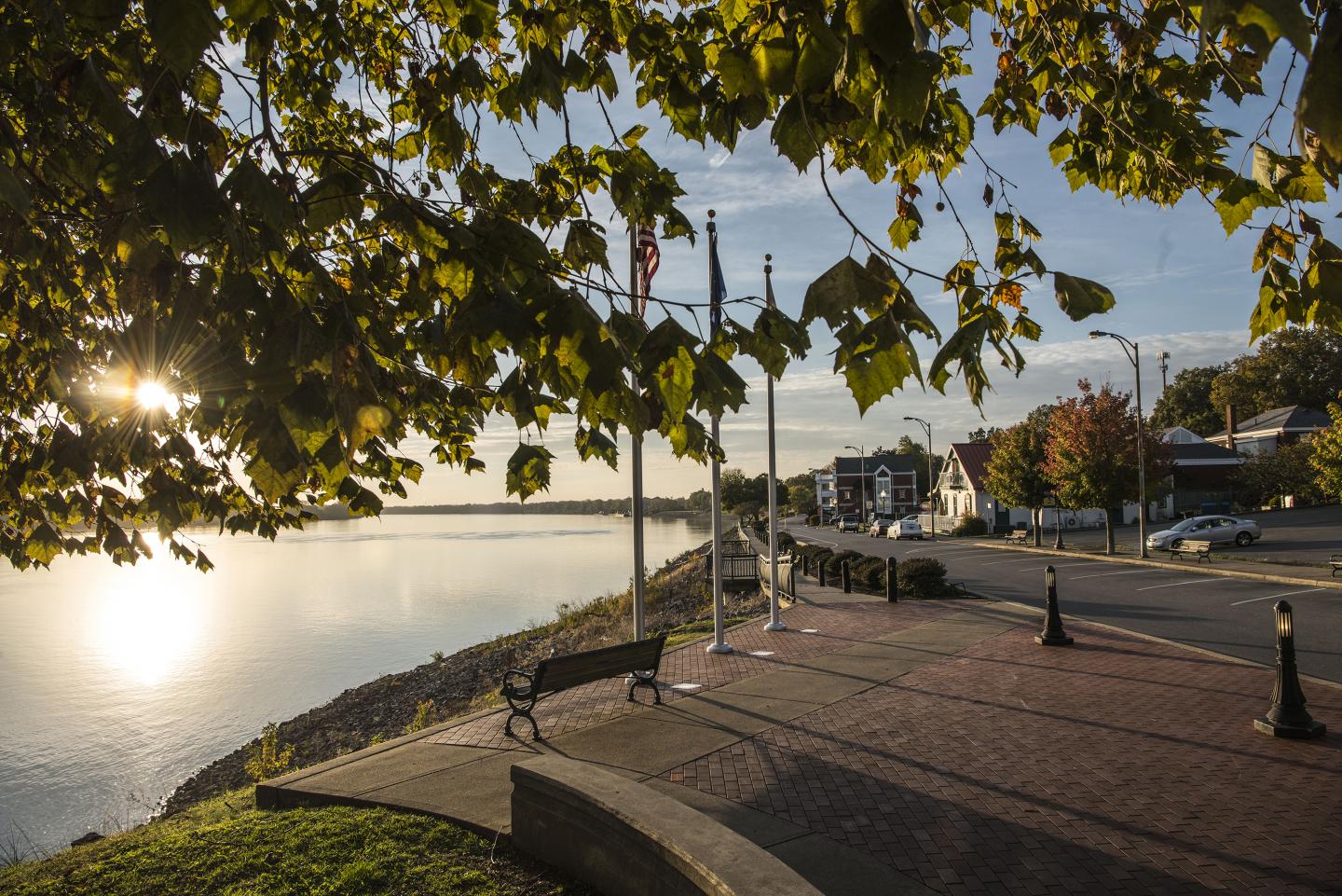 The Rivertown Trail hugging the Ohio River through historic Newburgh, Indiana. Photography by Alex Morgan Imaging.