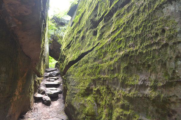 Narrow passageway through rock walls in Giant City State Park